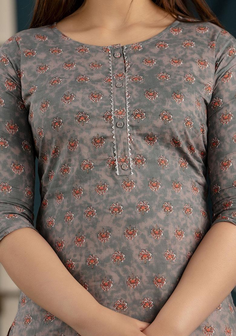 Grey Printed Pure Cotton Kurta - Indya