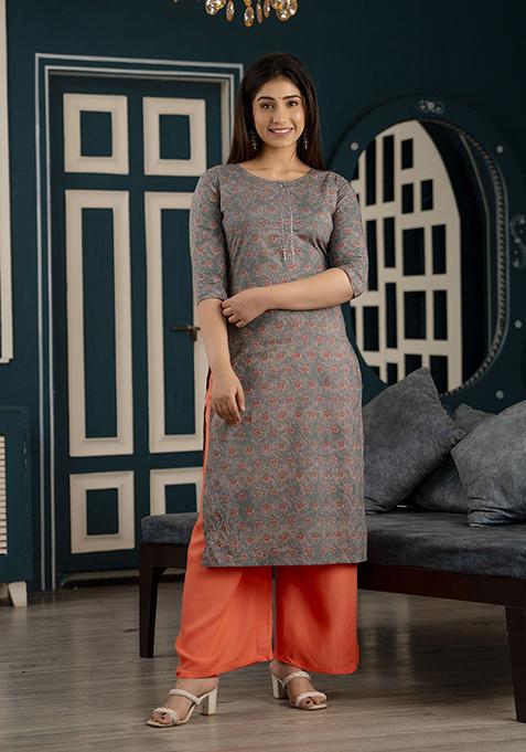 Grey Printed Pure Cotton Kurta