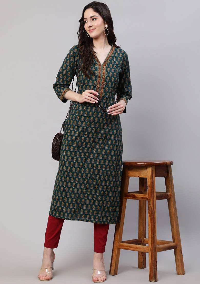 Green Printed Cotton Kurta - Indya