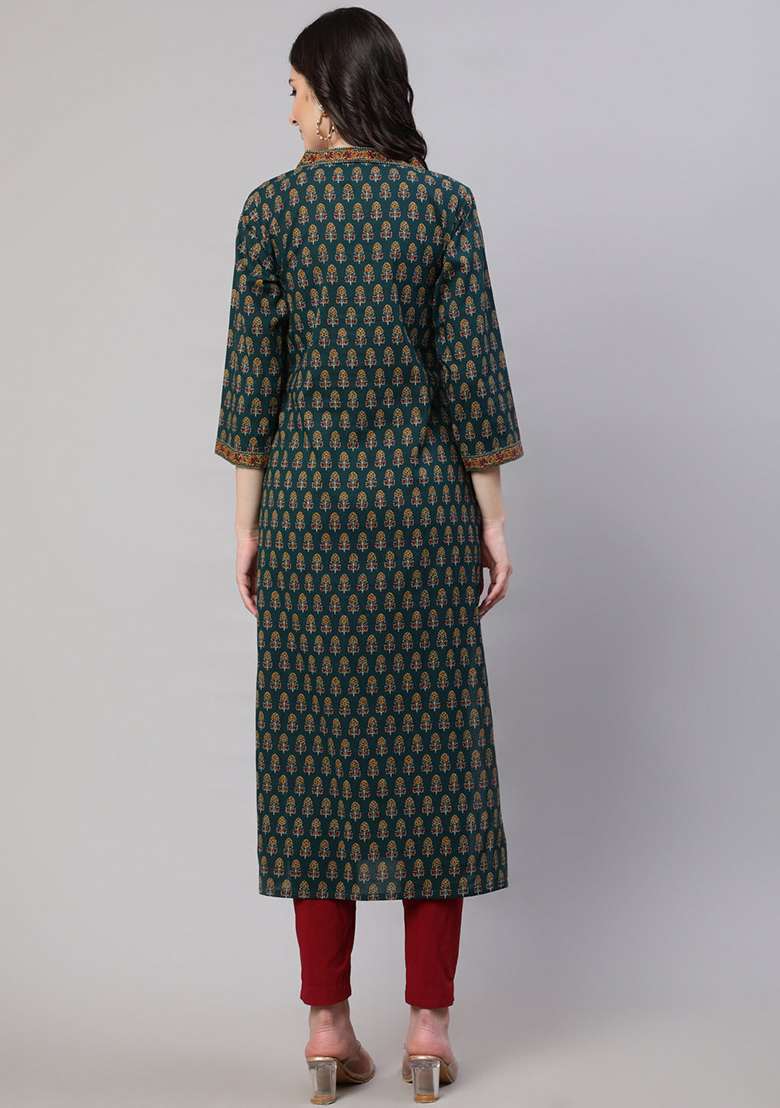 Green Printed Cotton Kurta - Indya