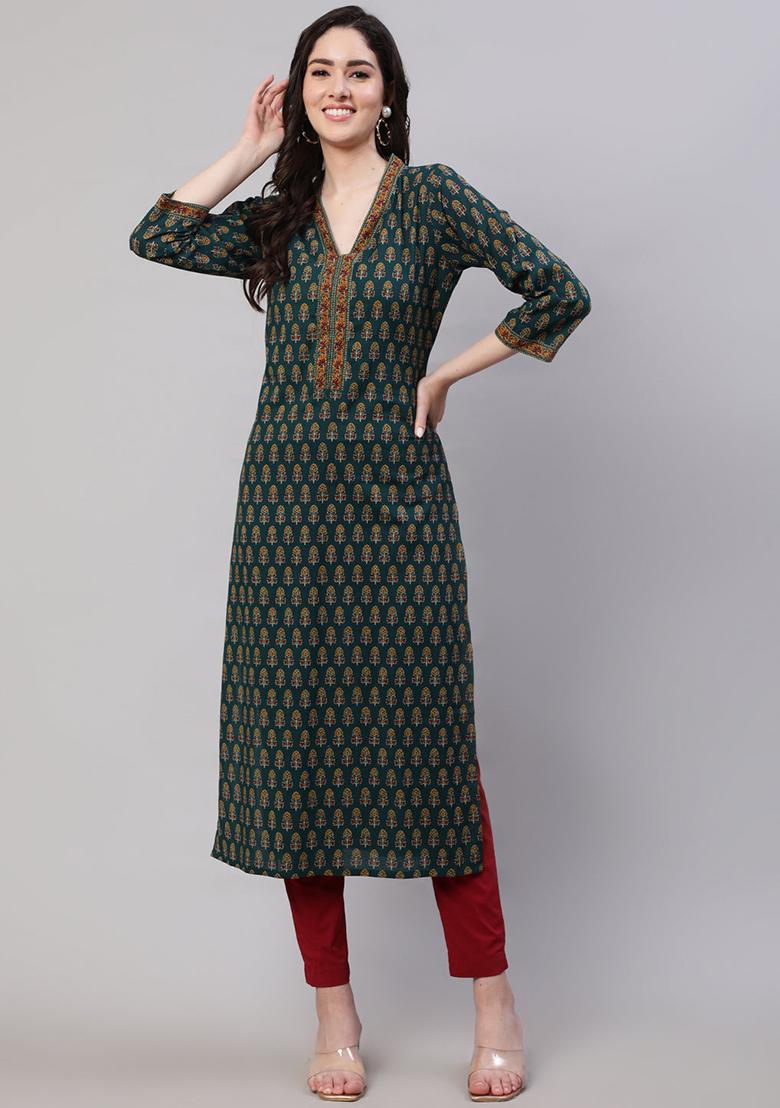 Green Printed Cotton Kurta - Indya