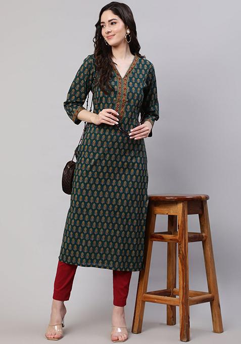 Green Printed Cotton Kurta