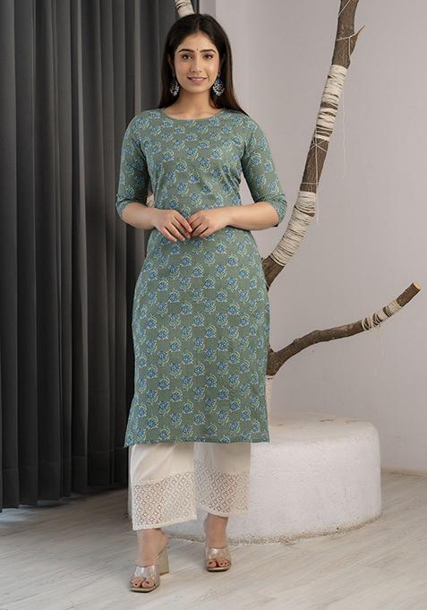 Green Printed Pure Cotton Kurta