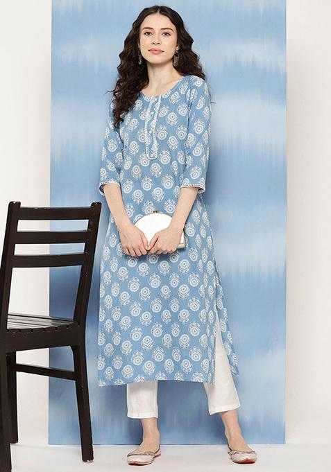 Blue Printed Pure Cotton Kurta