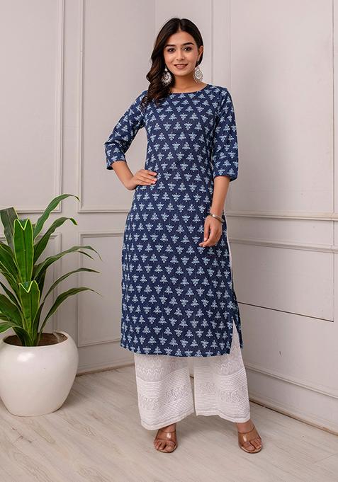 Blue Printed Cotton Straight Kurta Set