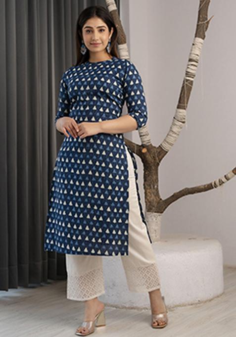 Blue Printed Cotton Straight Kurta Set