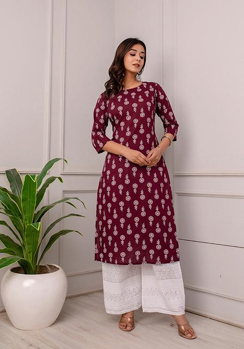 Burgundy Printed Viscose Straight Kurta Set