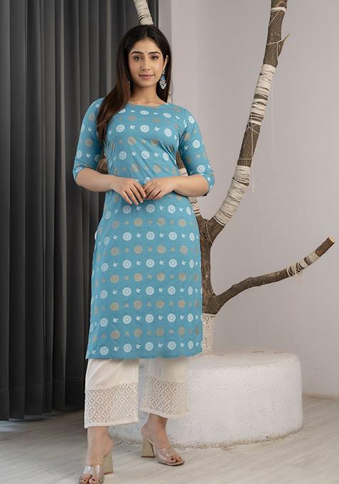 Blue Printed Viscose Rayon Kurta