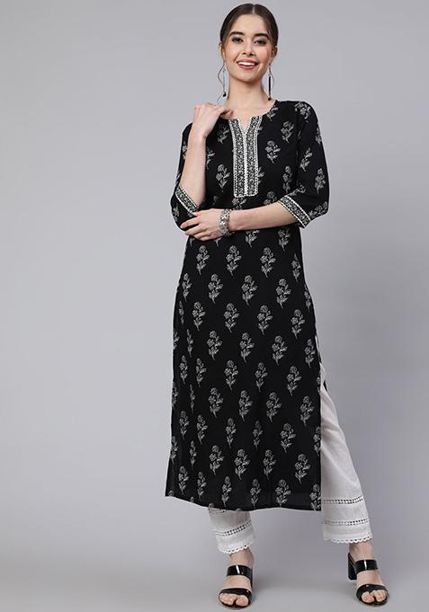 Black Printed Cotton Kurta