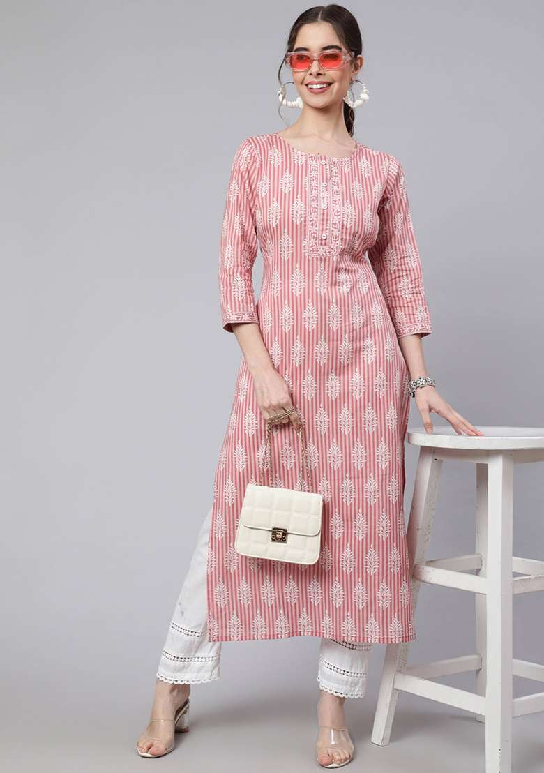 Pink Printed Cotton Straight Kurta Set - Indya