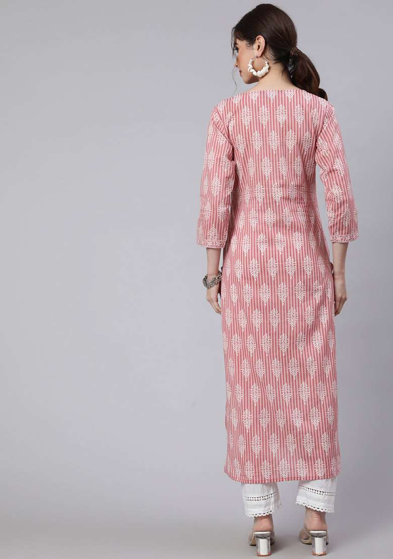 Pink Printed Cotton Straight Kurta Set - Indya