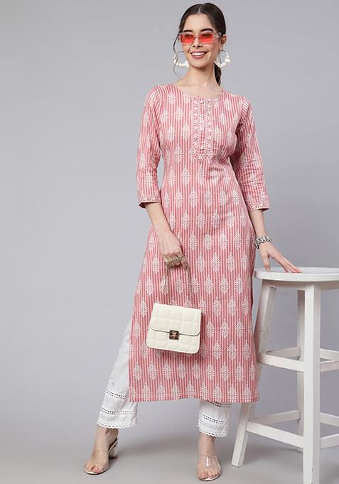 Pink Printed Cotton Kurta