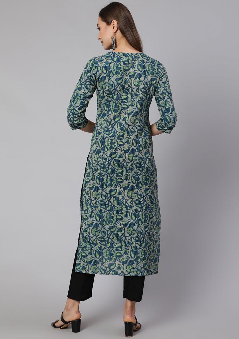 Green Printed Cotton Kurta - Indya