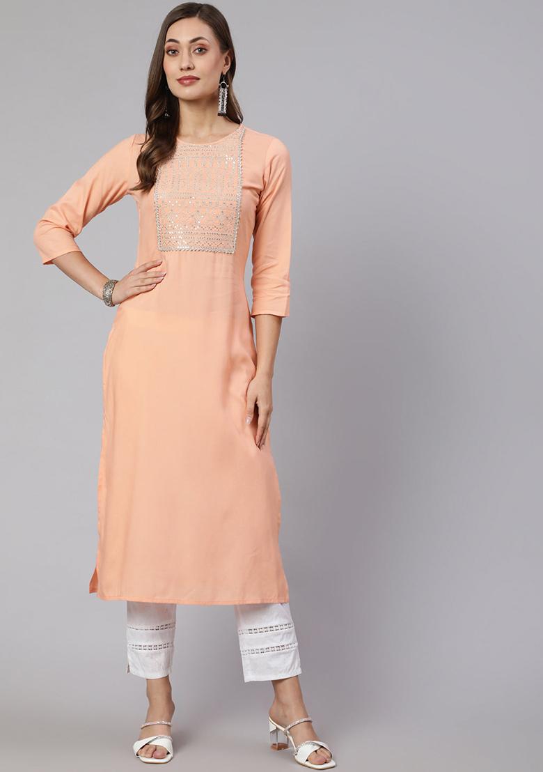 Peach Embroidered Rayon Kurta - Indya
