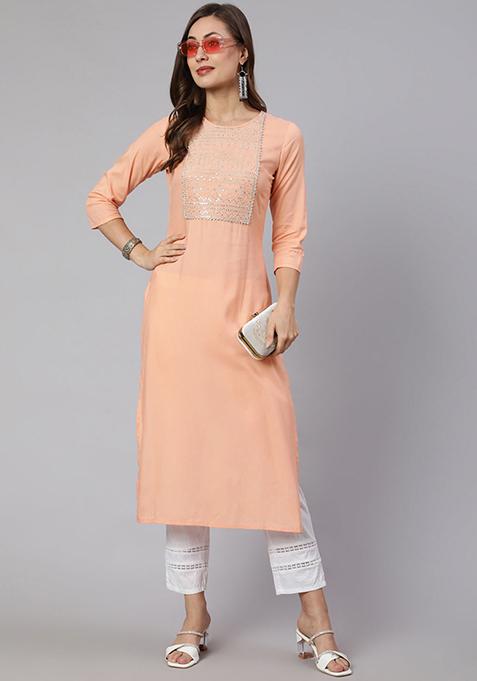 Peach Embroidered Rayon Kurta