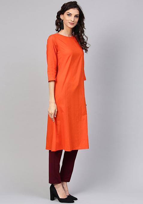 Orange Jacquard Cotton Long Kurta main image 1