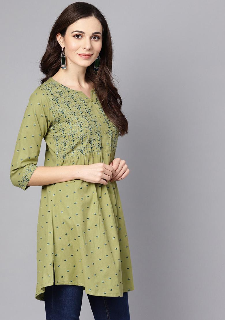 Green Printed Cotton Kurta - Indya