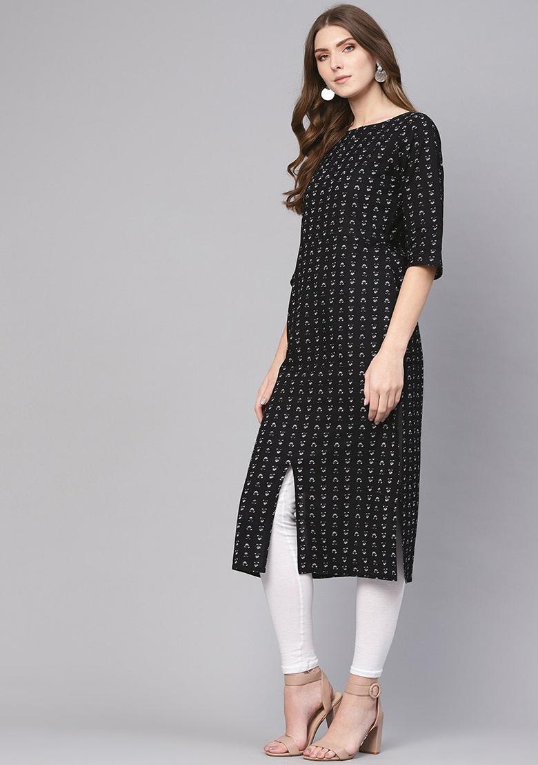 Black Printed Cotton Kurta - Indya