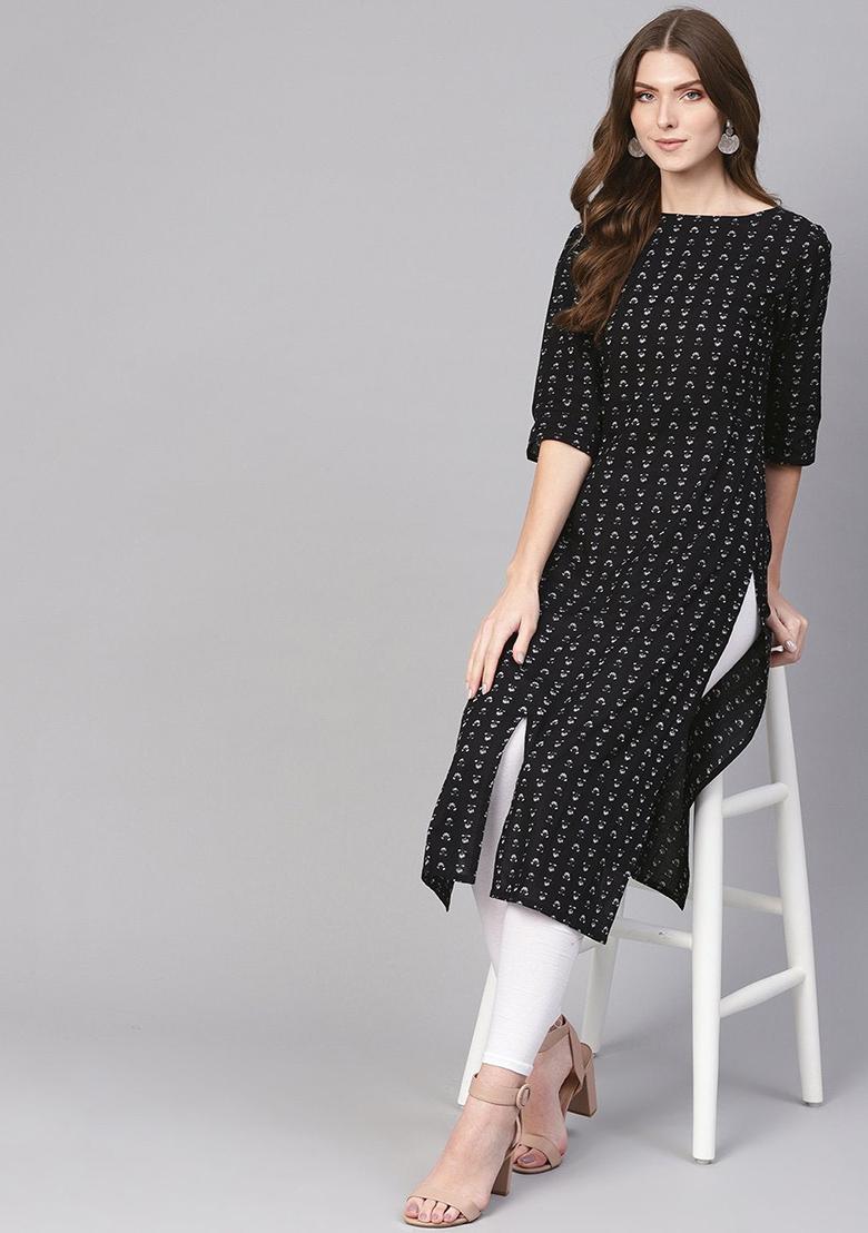 Black Printed Cotton Kurta - Indya