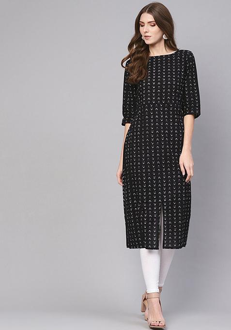 Black Printed Cotton Kurta