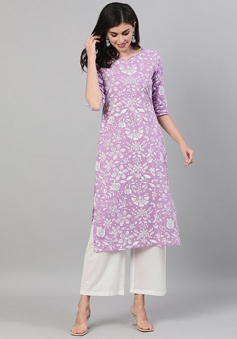 Lavender Floral Print Pure Cotton Kurta