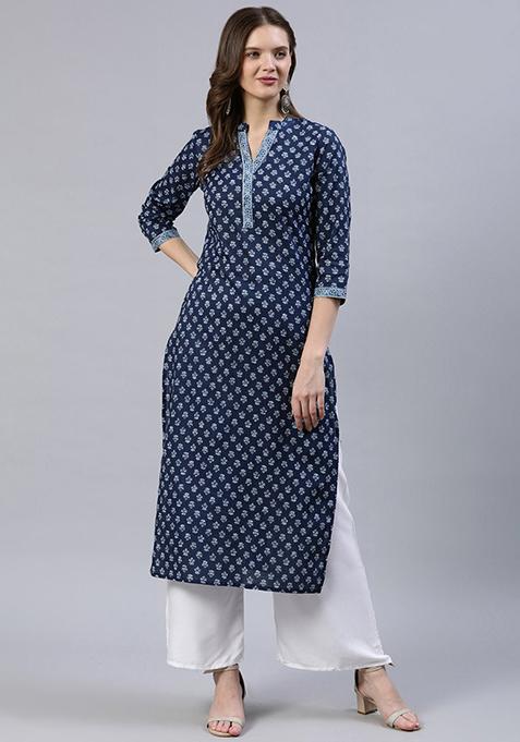 Blue Printed Cotton Kurta