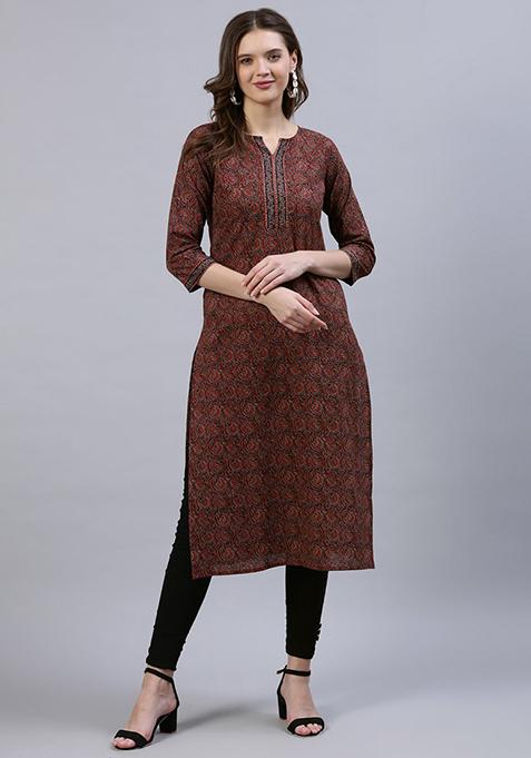 Maroon Printed Cotton Kurta