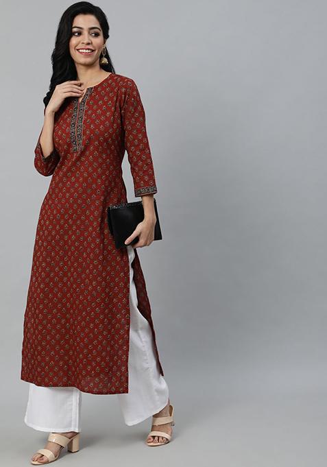 Maroon Printed Cotton Kurta