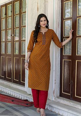 Mustard Printed Pure Cotton Kurta