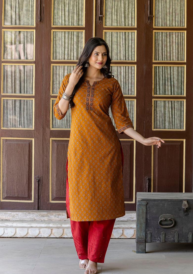 Mustard Printed Pure Cotton Kurta - Indya