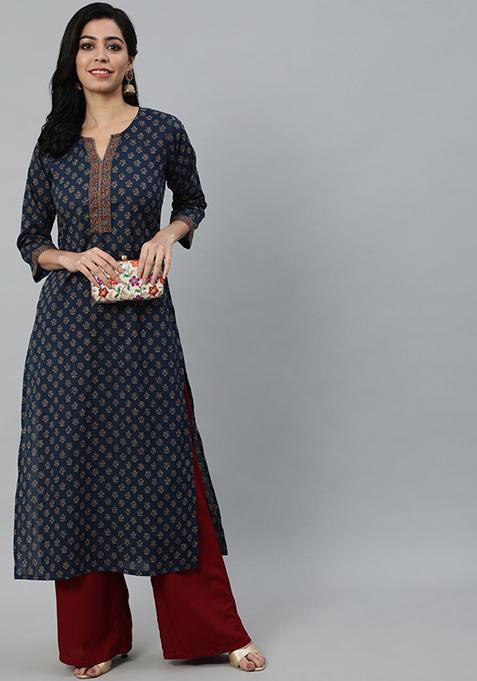 Blue Printed Cotton Kurta