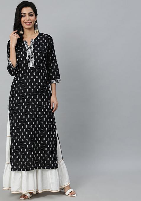 Black Printed Cotton Kurta