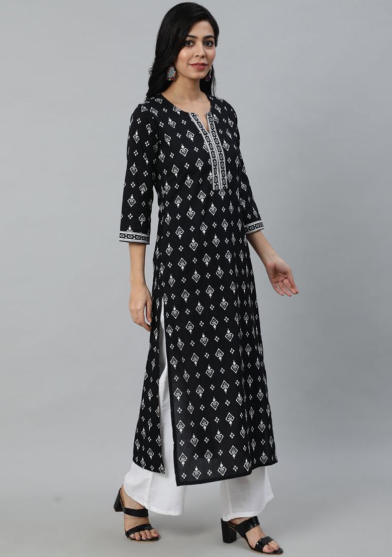 Black Printed Cotton Kurta - Indya