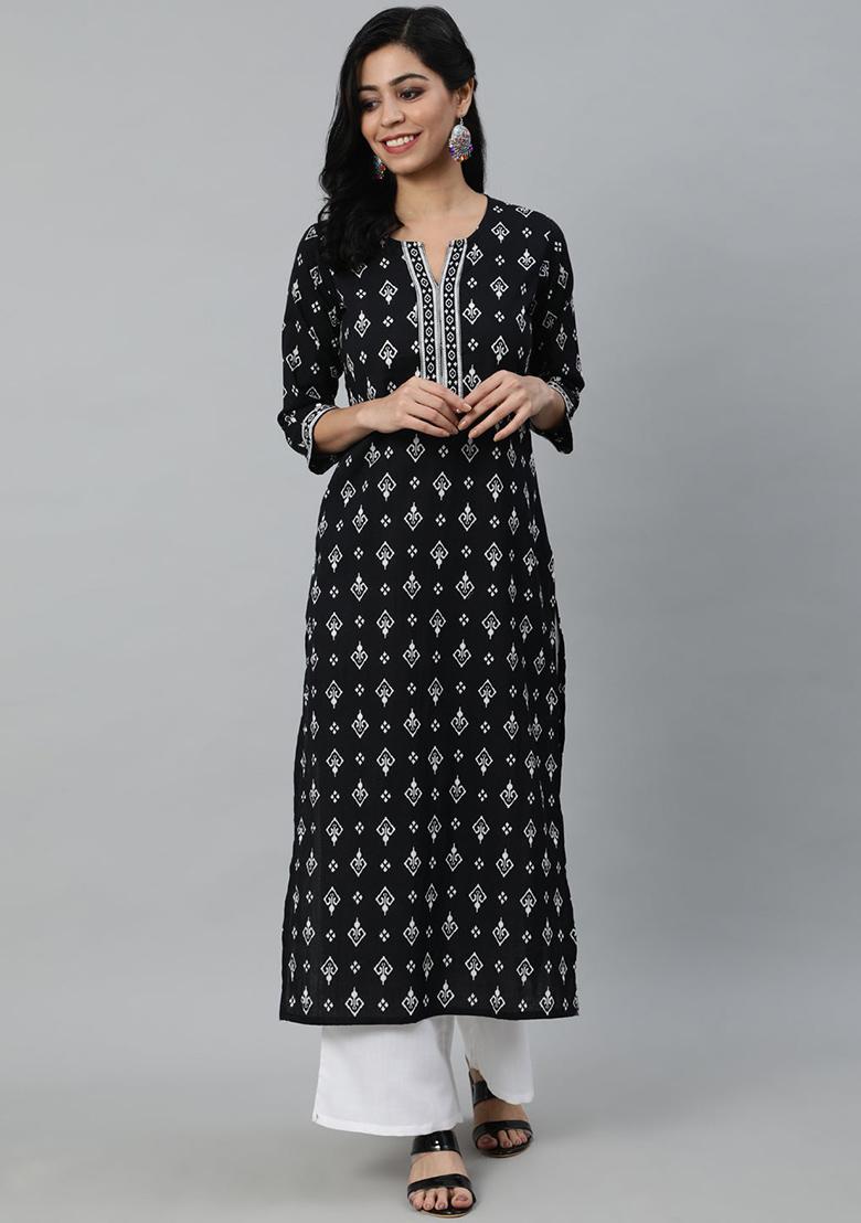 Black Printed Cotton Kurta - Indya