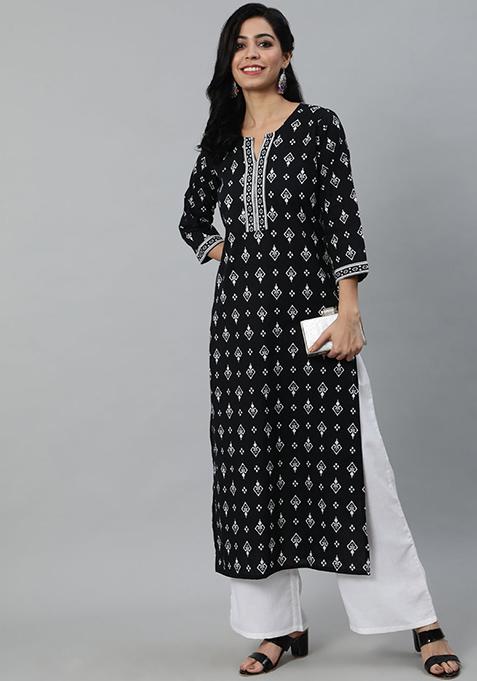 Black Printed Cotton Kurta