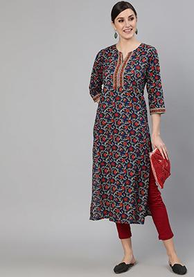 Blue Printed Pure Cotton Kurta