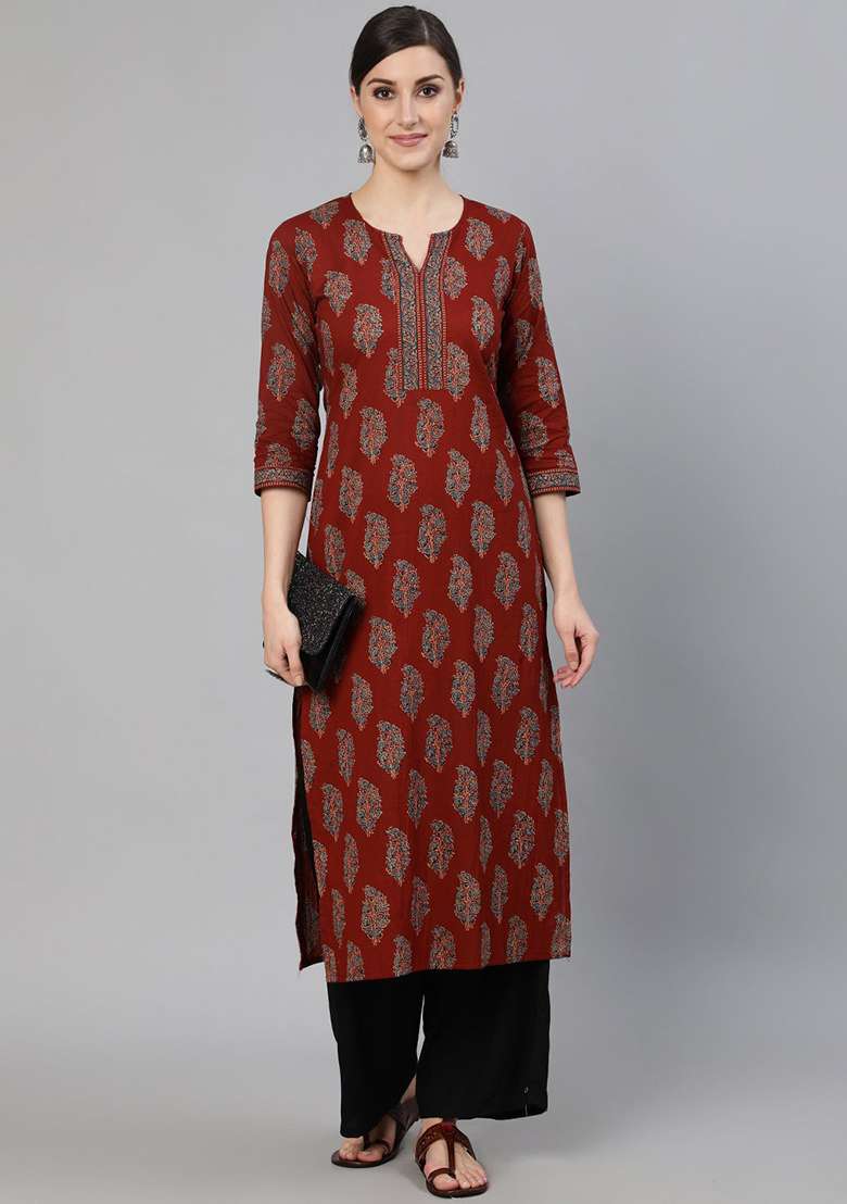 Maroon Printed Cotton Kurta - Indya