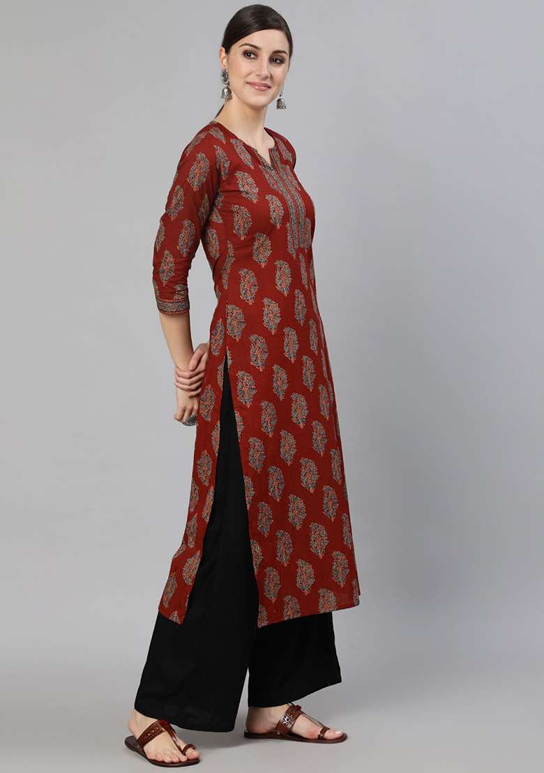 Maroon Printed Cotton Kurta - Indya