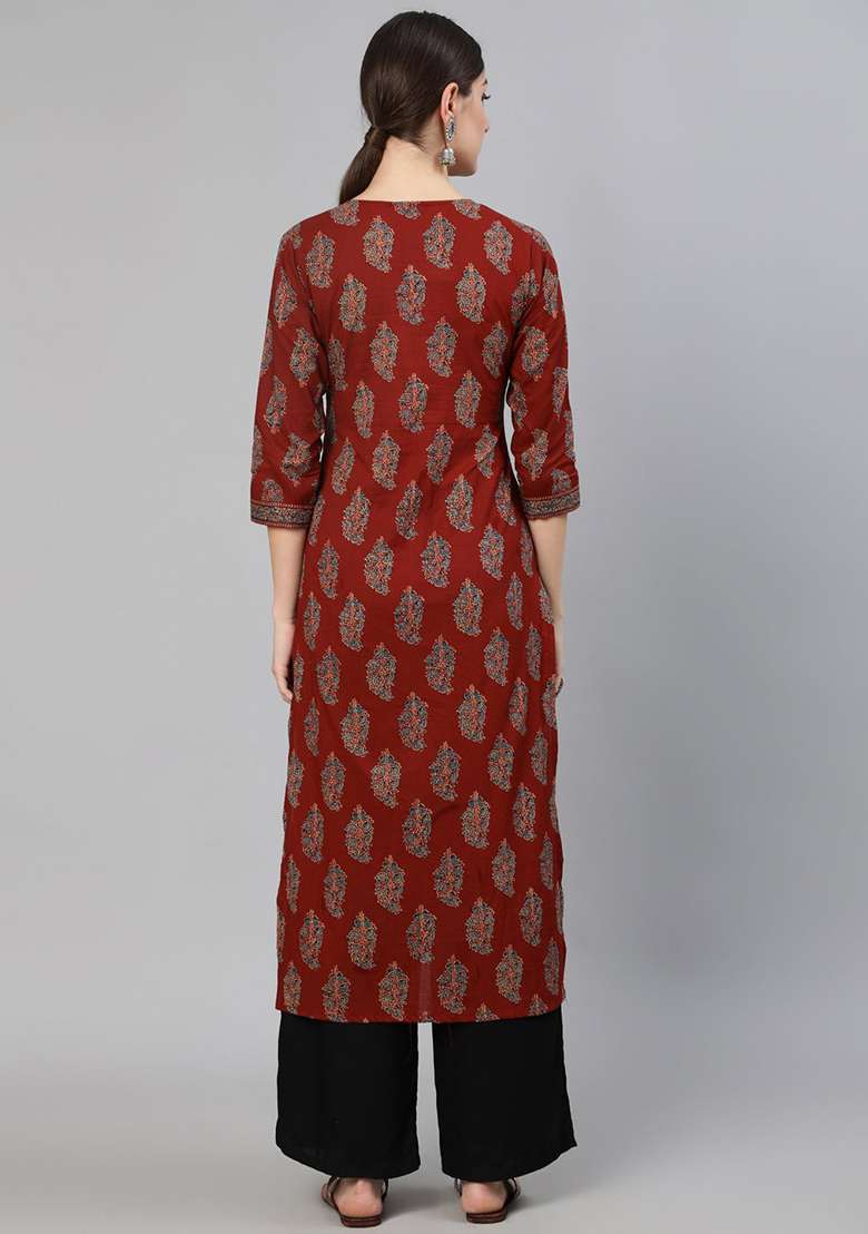 Maroon Printed Cotton Kurta - Indya
