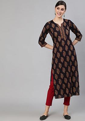 Black Printed Pure Cotton Kurta
