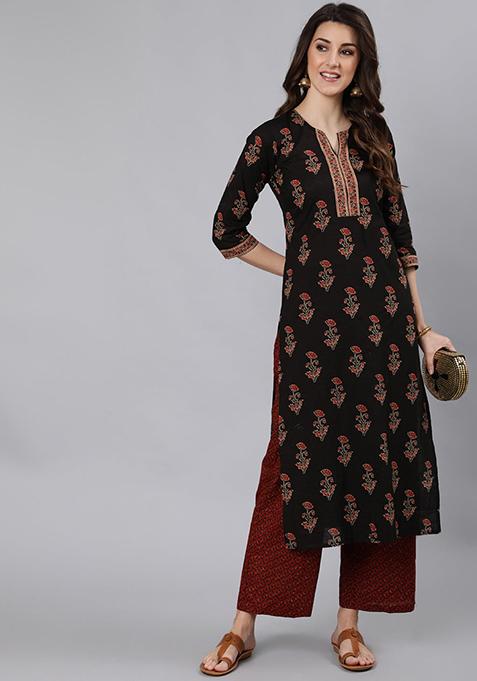 Black Printed Pure Cotton Kurta