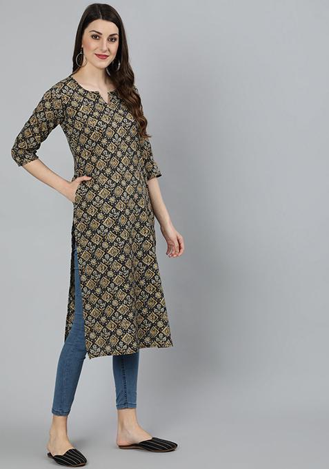 Black Abstract Print Pure Cotton Kurta