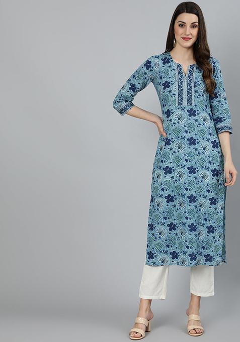 Blue Floral Print Pure Cotton Kurta