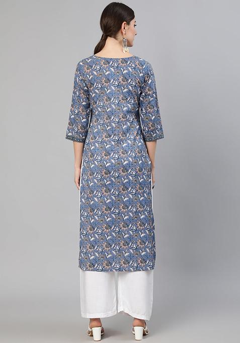 Blue Floral Print Kurta With Blue Floral Print Trousers.