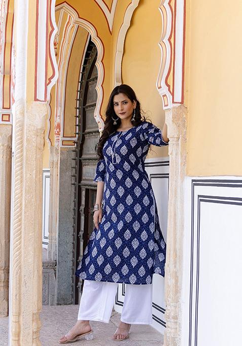 Blue Printed Pure Cotton Kurta