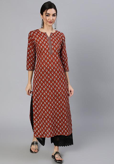 Maroon Printed Pure Cotton Kurta