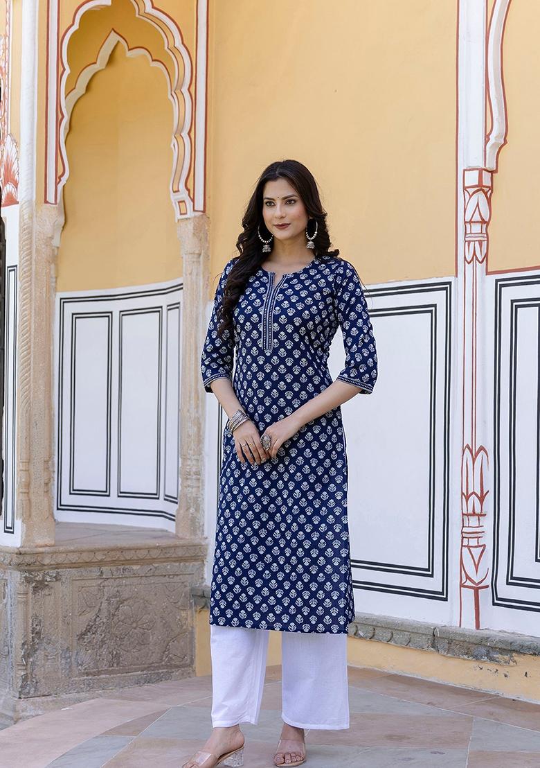 White Ethnic Motifs Printed Cotton Kurta