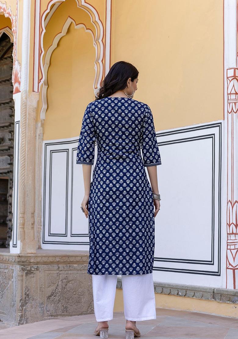 White Ethnic Motifs Printed Cotton Kurta
