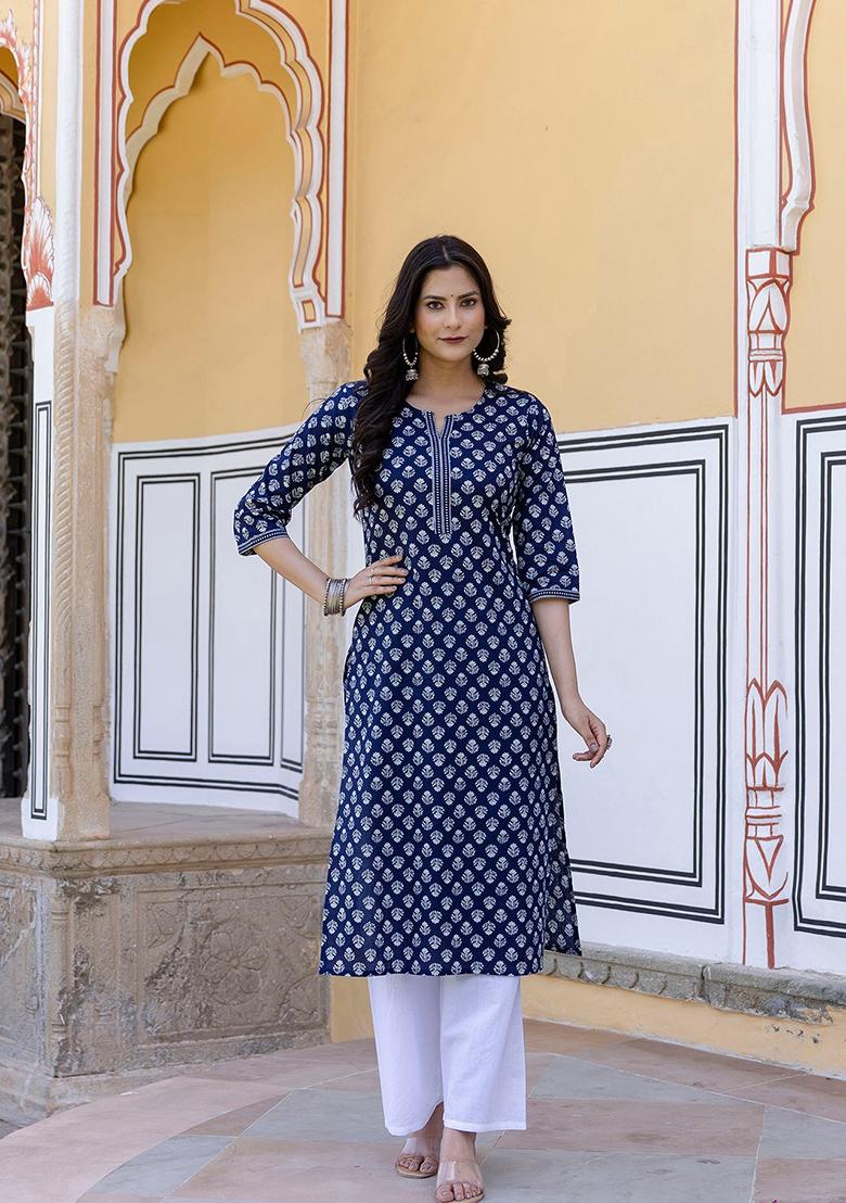 White Ethnic Motifs Printed Cotton Kurta