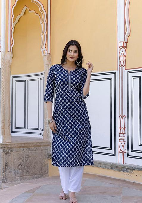 White Ethnic Motifs Printed Cotton Kurta